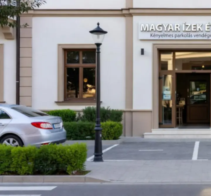 A Zeenviora étterem bejárata előtti parkolási lehetőségekkel.