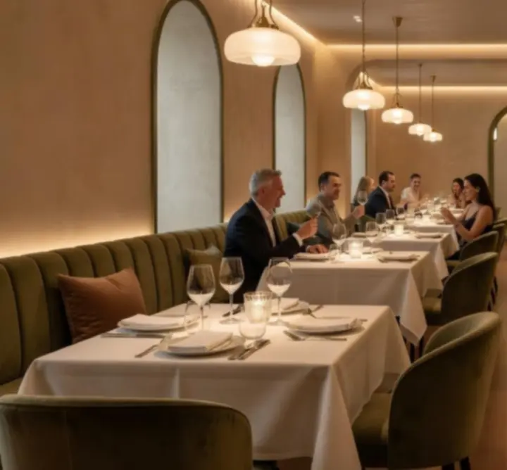 Hangulatos, meleg fényekkel megvilágított magyar étterem elegáns belső tere.