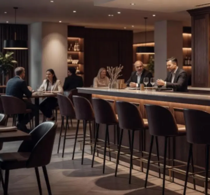 Lounge hangulatú bárpult meleg fényekkel és kényelmes bárszékekkel