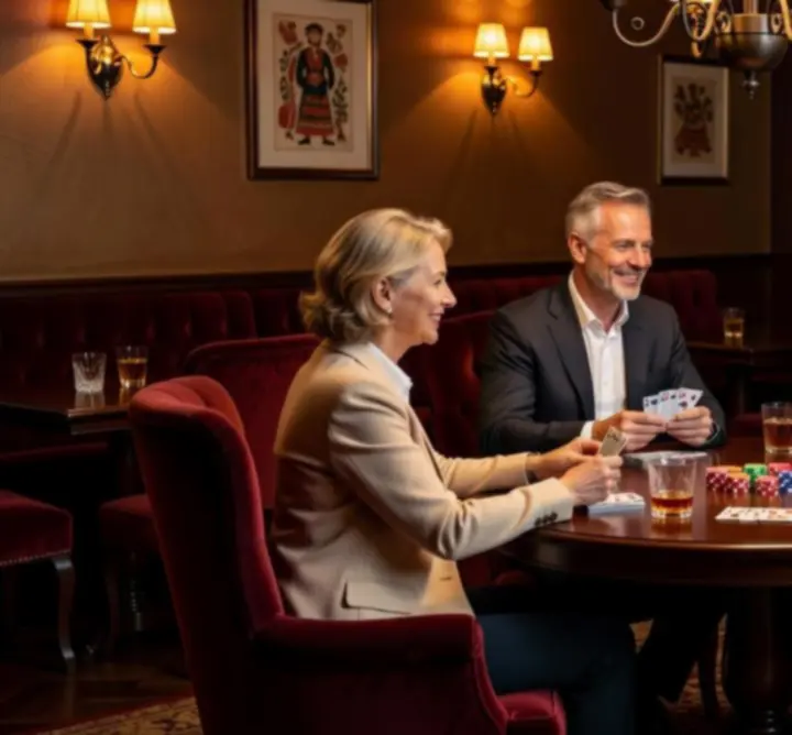 Baráti társaság elegáns, offline pókerasztalnál beszélget egy hangulatos lounge-ban